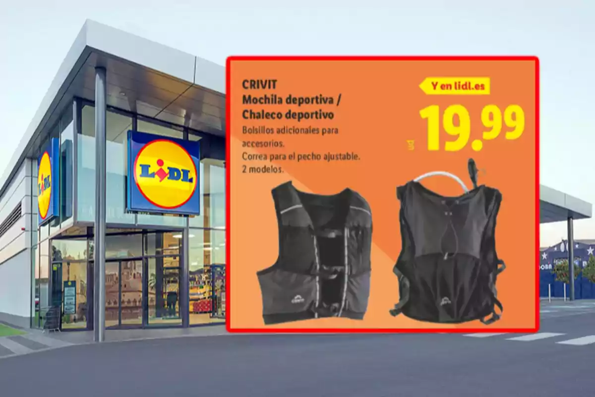 Fachada de una tienda Lidl con un cartel promocional de una mochila y chaleco deportivo Crivit por 19,99 euros Fachada de una tienda Lidl con un cartel promocional de una mochila y chaleco deportivo Crivit por 19,99 euros