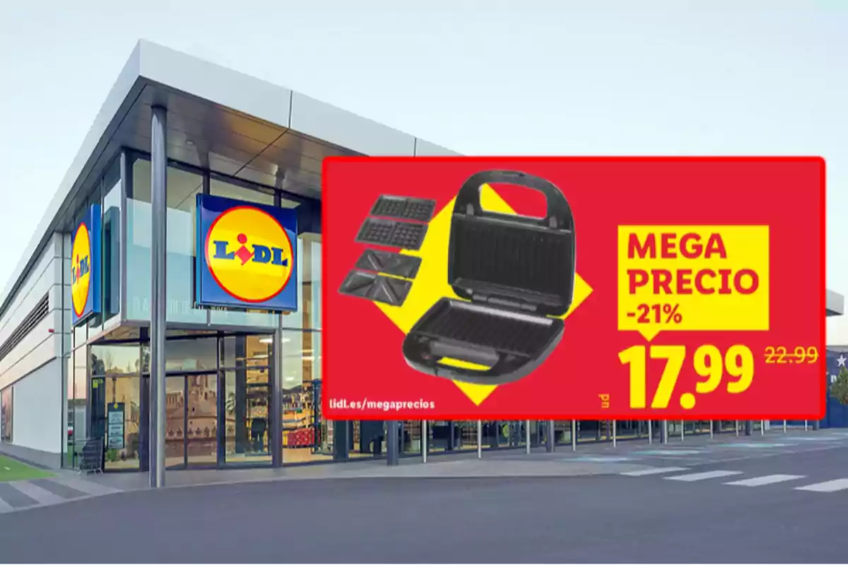 Fachada de una tienda Lidl con un anuncio de una sandwichera en oferta a 17.99 euros destacando un descuento del 21 por ciento Fachada de una tienda Lidl con un anuncio de una sandwichera en oferta a 17.99 euros destacando un descuento del 21 por ciento