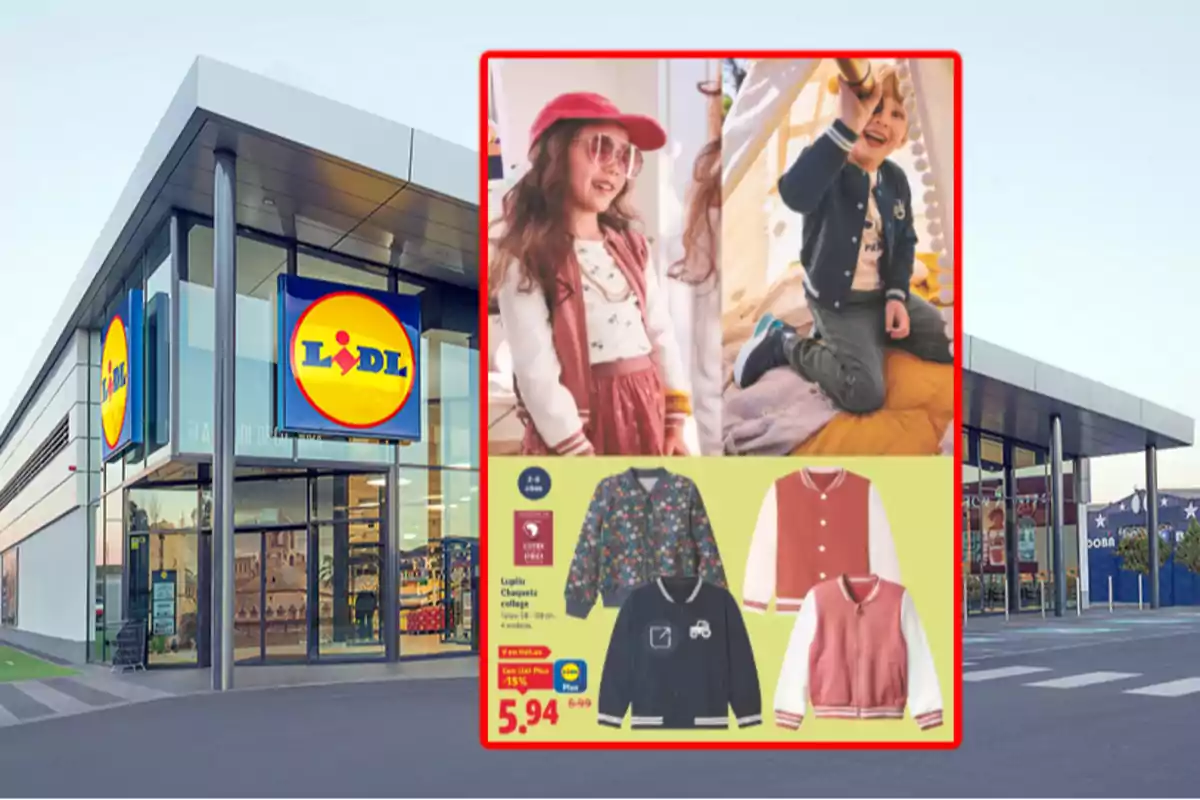 Fachada de supermercado Lidl con un cartel promocional de chaquetas infantiles en diferentes colores y modelos Fachada de supermercado Lidl con un cartel promocional de chaquetas infantiles en diferentes colores y modelos