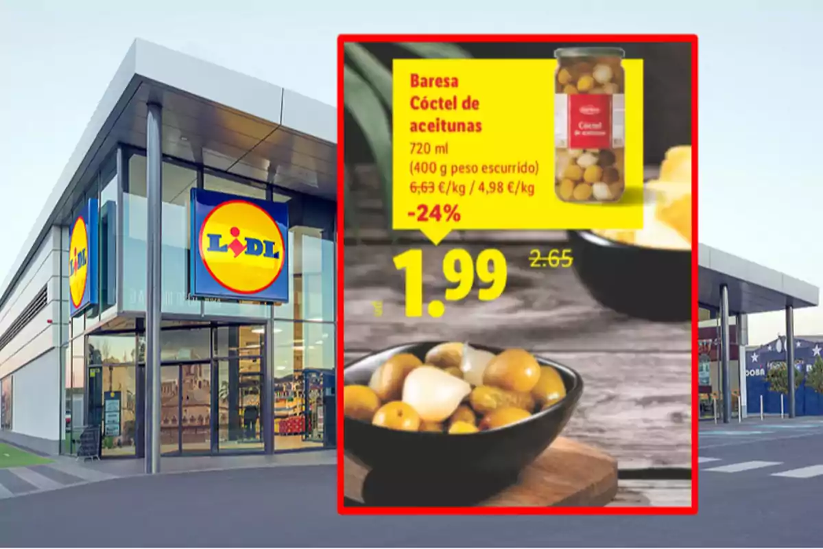 Fachada de supermercado Lidl con un cartel promocional de cóctel de aceitunas Baresa en oferta a 1,99 euros Fachada de supermercado Lidl con un cartel promocional de cóctel de aceitunas Baresa en oferta a 1,99 euros