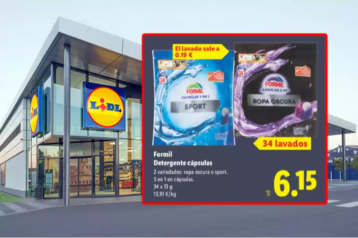 Entrada de una tienda Lidl con un cartel promocional de detergente en cápsulas Formil para ropa sport y ropa oscura, destacando el precio de 6.15 euros para 34 lavados Entrada de una tienda Lidl con un cartel promocional de detergente en cápsulas Formil para ropa sport y ropa oscura, destacando el precio de 6.15 euros para 34 lavados
