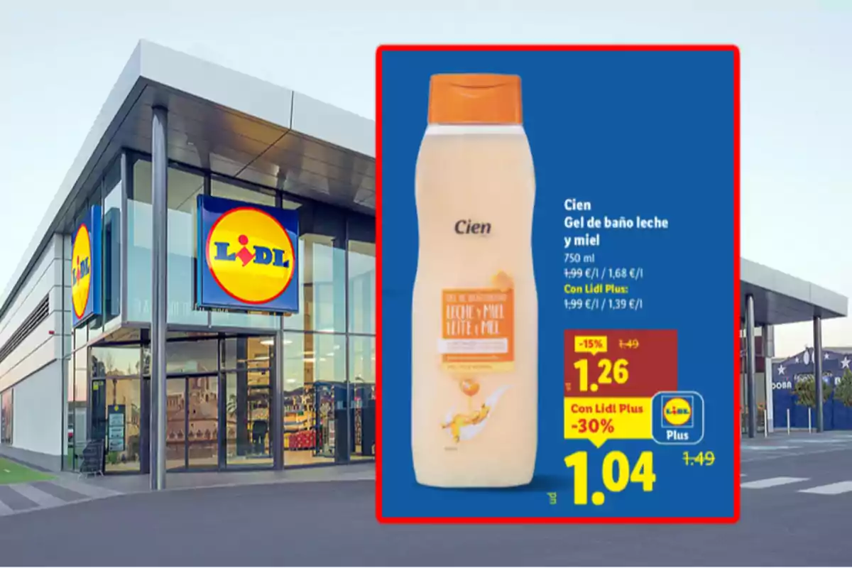 Fachada de supermercado Lidl con una promoción de gel de baño Cien leche y miel en primer plano mostrando el precio rebajado Fachada de supermercado Lidl con una promoción de gel de baño Cien leche y miel en primer plano mostrando el precio rebajado