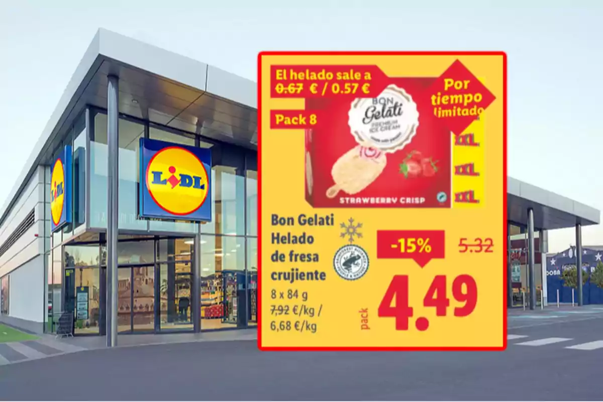 Fachada de supermercado Lidl con un cartel promocional de helado Bon Gelati de fresa crujiente en oferta por tiempo limitado a 4.49 euros el pack Fachada de supermercado Lidl con un cartel promocional de helado Bon Gelati de fresa crujiente en oferta por tiempo limitado a 4.49 euros el pack