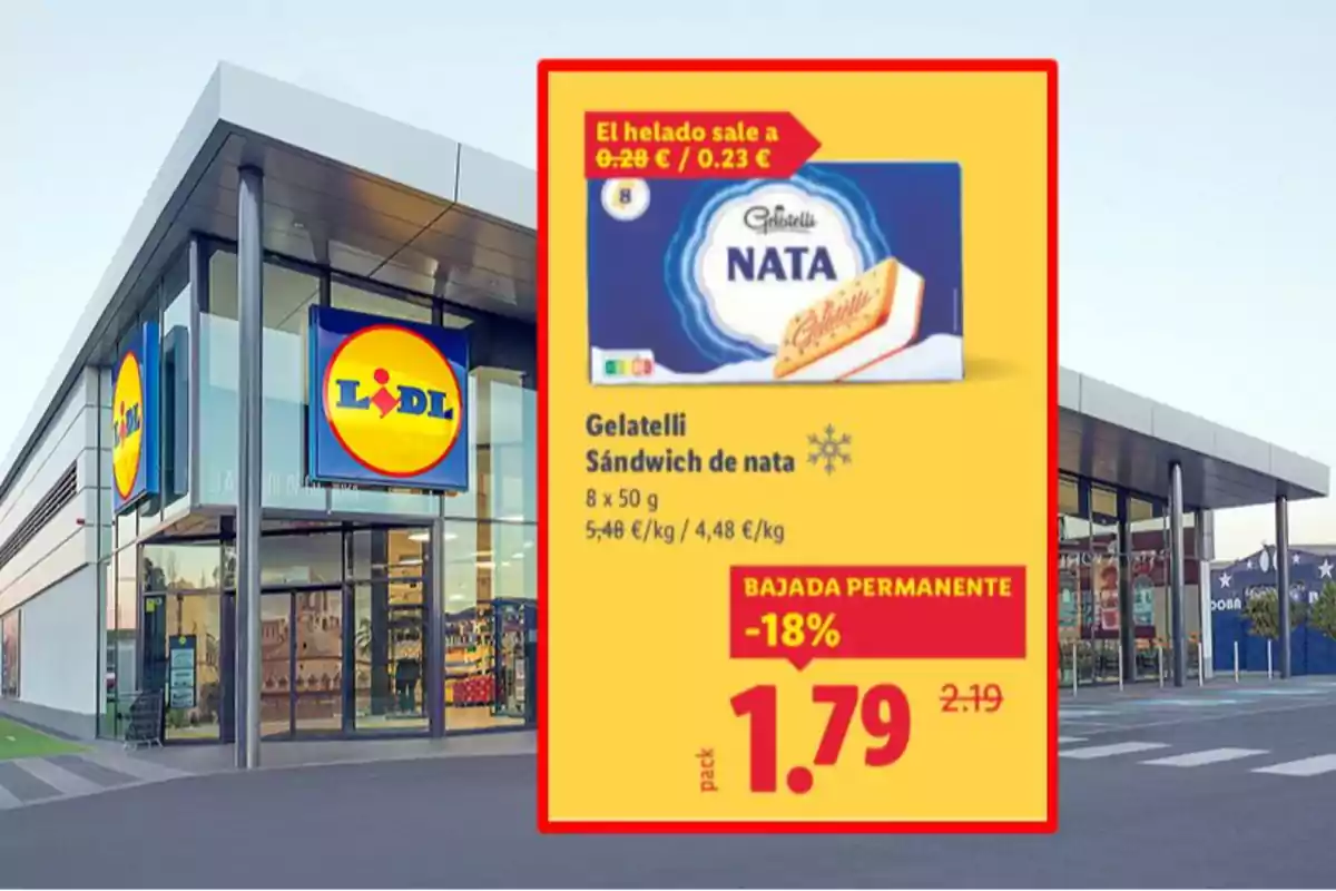 Fachada de supermercado Lidl con un cartel promocional de helado sándwich de nata Gelatelli en oferta a 1,79 euros con un descuento del 18 por ciento Fachada de supermercado Lidl con un cartel promocional de helado sándwich de nata Gelatelli en oferta a 1,79 euros con un descuento del 18 por ciento