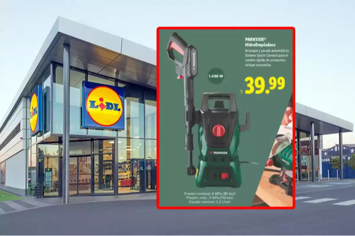 Fachada de una tienda Lidl con un anuncio destacado de una hidrolimpiadora Parkside en oferta por 39,99 euros Fachada de una tienda Lidl con un anuncio destacado de una hidrolimpiadora Parkside en oferta por 39,99 euros