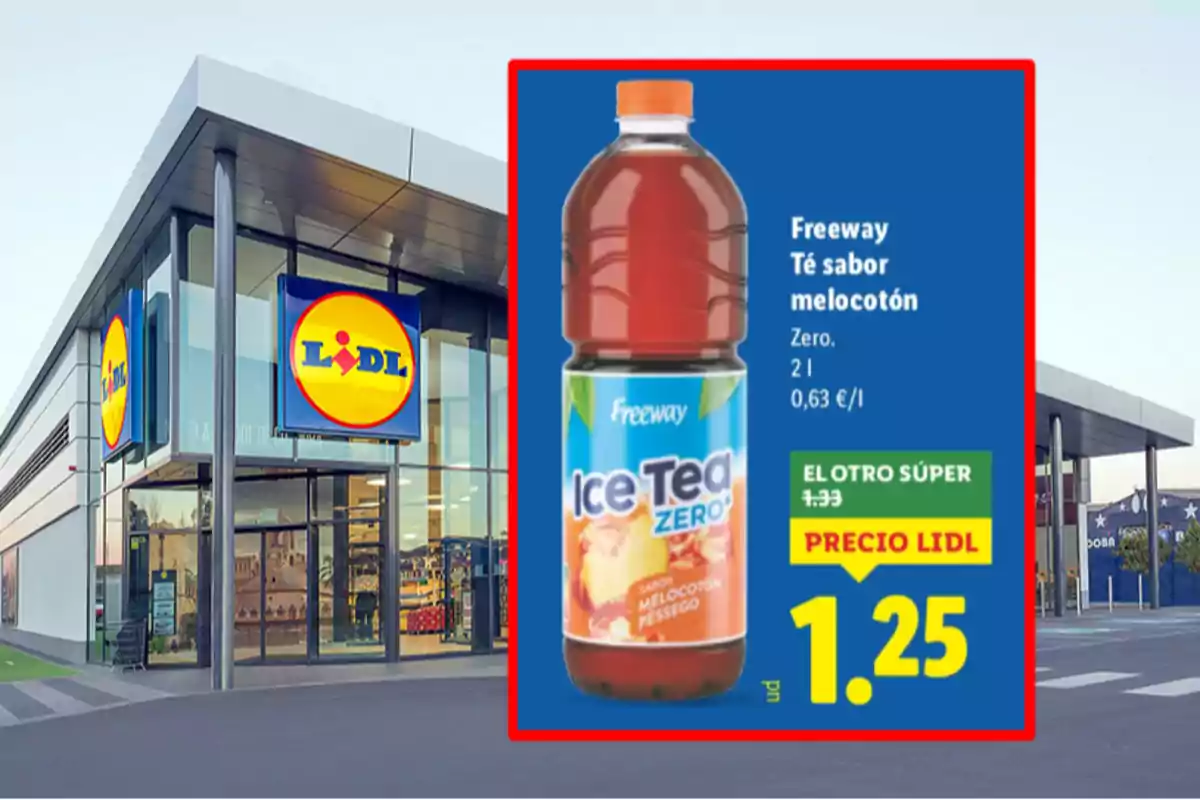Fachada de supermercado Lidl con un anuncio de té sabor melocotón Freeway Ice Tea Zero de 2 litros en oferta a 1,25 euros Fachada de supermercado Lidl con un anuncio de té sabor melocotón Freeway Ice Tea Zero de 2 litros en oferta a 1,25 euros