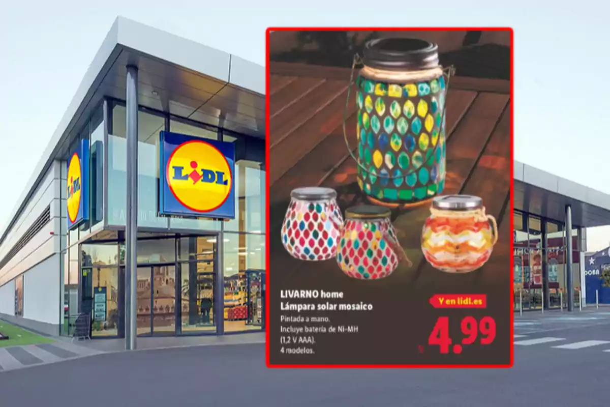 Fachada de una tienda Lidl con un cartel promocional de lámparas solares de mosaico de colores a un precio de 4,99 euros Fachada de una tienda Lidl con un cartel promocional de lámparas solares de mosaico de colores a un precio de 4,99 euros