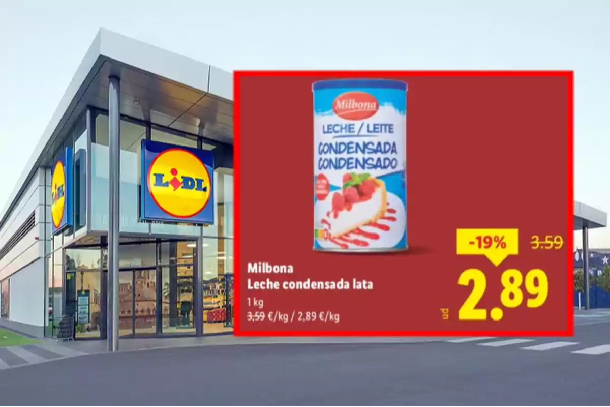 Fachada de supermercado Lidl con una promoción de leche condensada Milbona en lata de un kilo a 2,89 euros con un descuento del 19 por ciento Fachada de supermercado Lidl con una promoción de leche condensada Milbona en lata de un kilo a 2,89 euros con un descuento del 19 por ciento