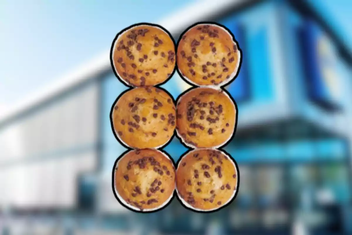 Seis muffins con chispas de chocolate sobre un fondo borroso de edificio moderno Seis muffins con chispas de chocolate sobre un fondo borroso de edificio moderno