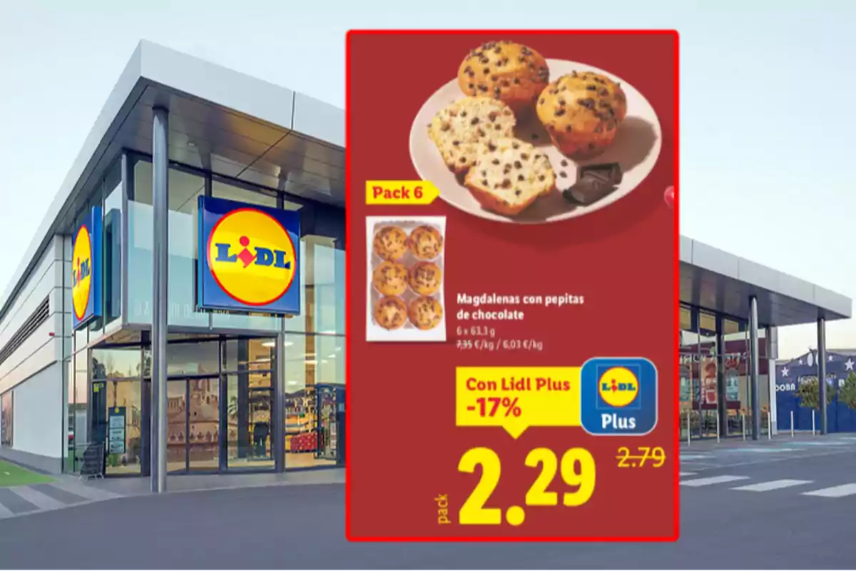 Fachada de supermercado Lidl con un cartel promocional de magdalenas con pepitas de chocolate en oferta Fachada de supermercado Lidl con un cartel promocional de magdalenas con pepitas de chocolate en oferta