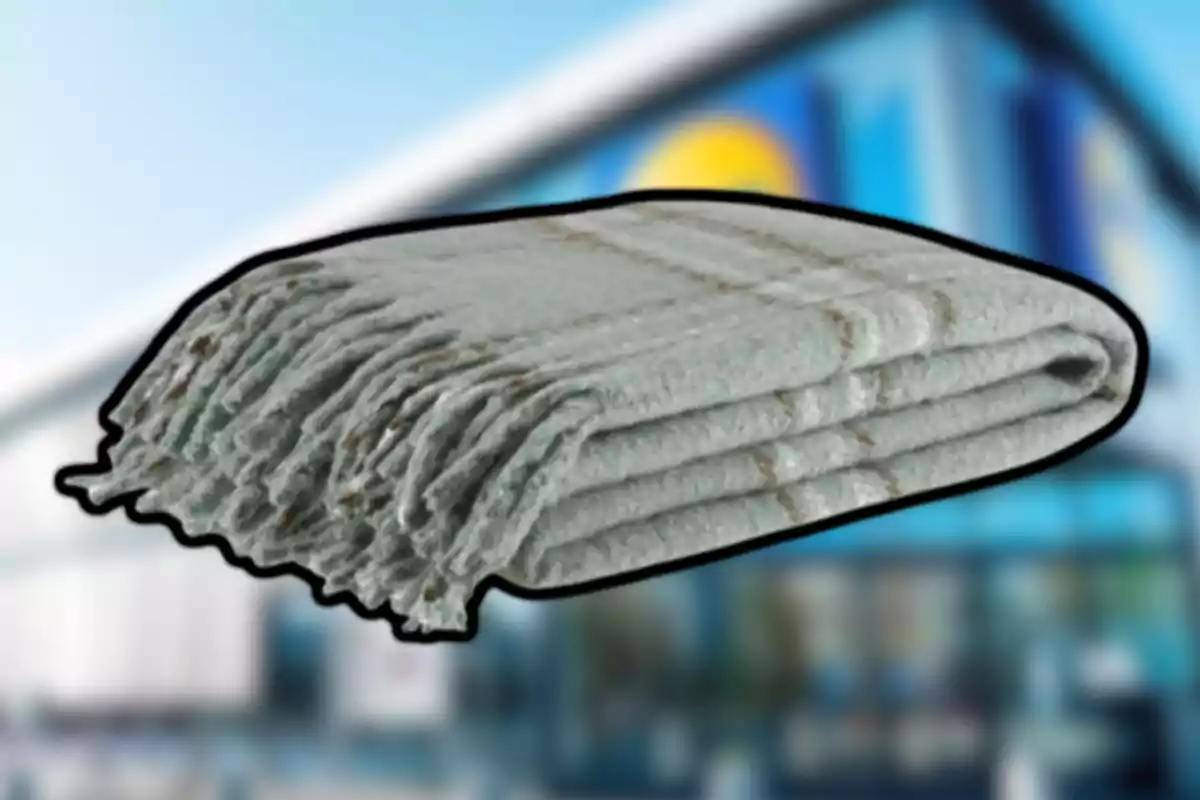 Manta gris doblada con flecos en los extremos sobre un fondo desenfocado de una tienda Manta gris doblada con flecos en los extremos sobre un fondo desenfocado de una tienda