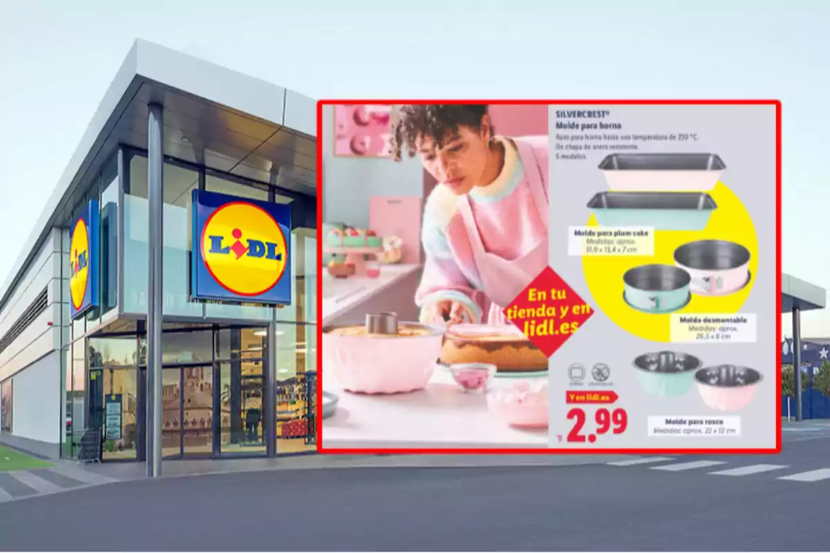 Fachada de una tienda Lidl con un cartel promocional de moldes para hornear y una persona decorando un pastel Fachada de una tienda Lidl con un cartel promocional de moldes para hornear y una persona decorando un pastel