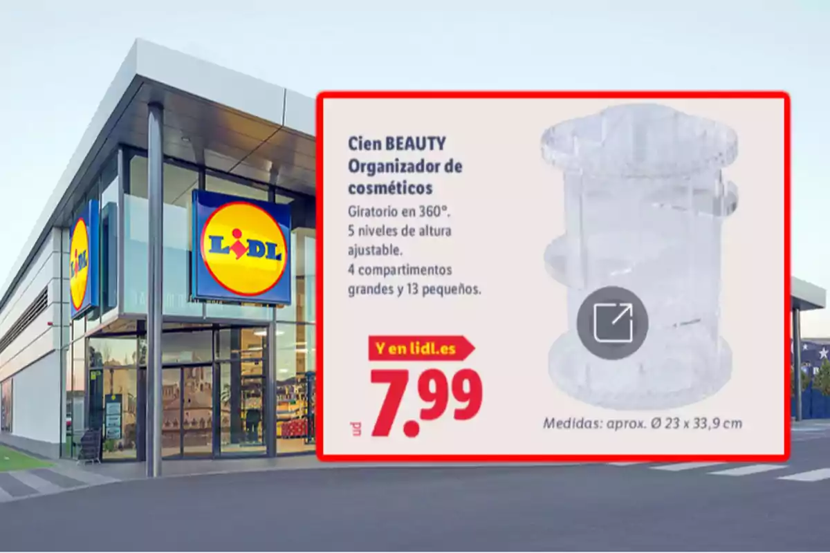 Fachada de una tienda Lidl con un anuncio de un organizador de cosméticos giratorio en 360 grados a un precio de 7,99 euros Fachada de una tienda Lidl con un anuncio de un organizador de cosméticos giratorio en 360 grados a un precio de 7,99 euros