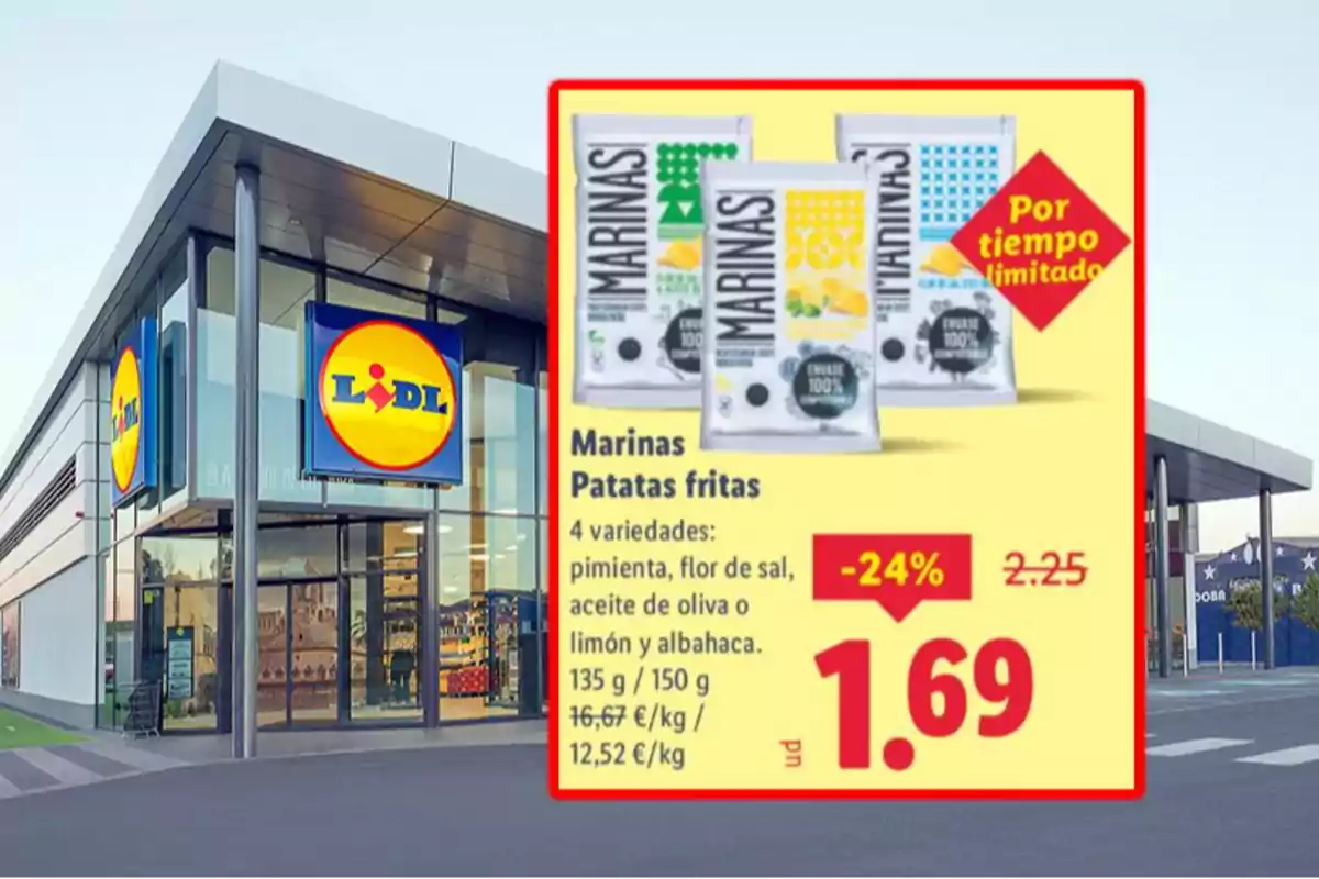 Fachada de un supermercado Lidl con una promoción de patatas fritas Marinas en diferentes sabores a un precio rebajado de 1,69 euros por tiempo limitado Fachada de un supermercado Lidl con una promoción de patatas fritas Marinas en diferentes sabores a un precio rebajado de 1,69 euros por tiempo limitado