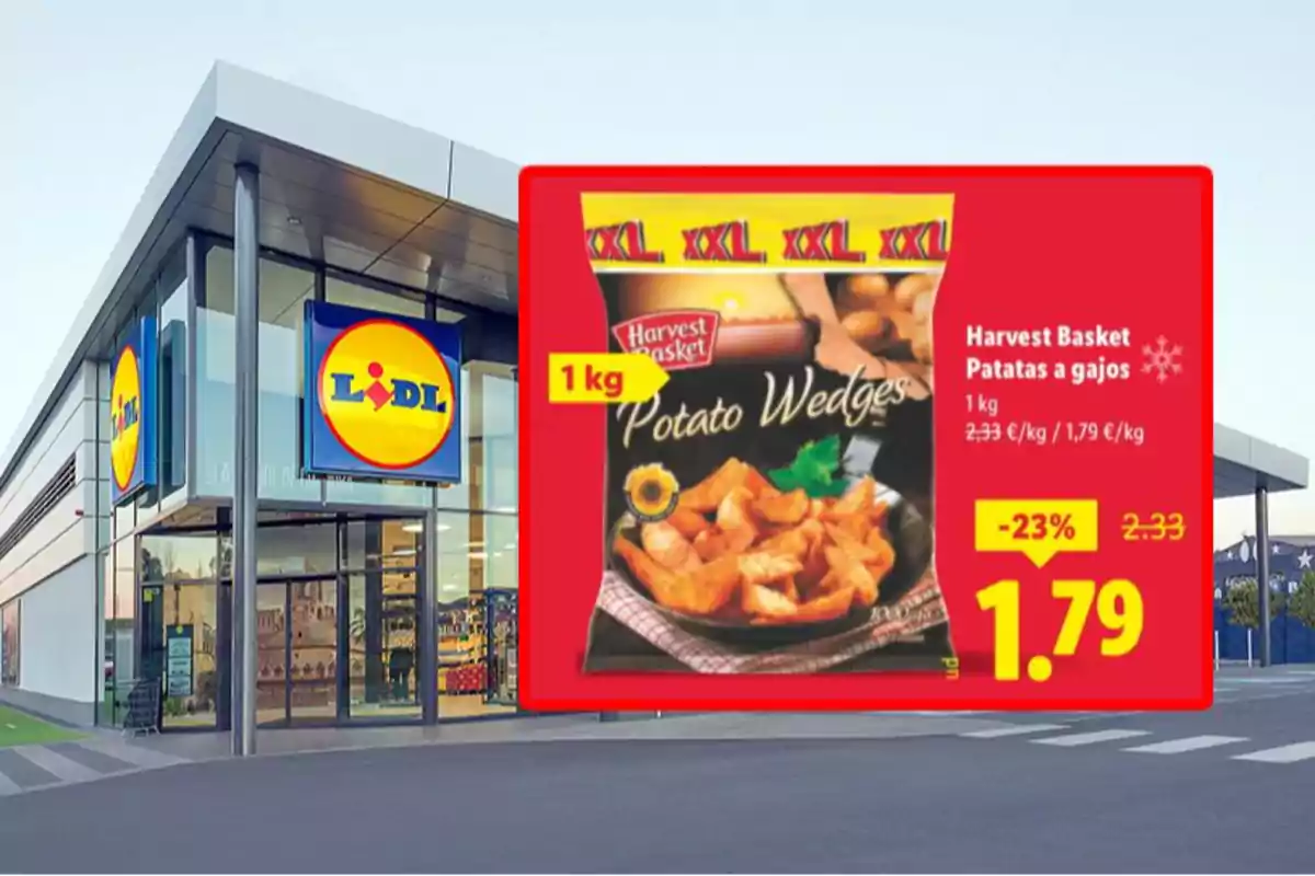 Fachada de supermercado Lidl con una promoción de patatas a gajos Harvest Basket de un kilo en oferta a 1,79 euros Fachada de supermercado Lidl con una promoción de patatas a gajos Harvest Basket de un kilo en oferta a 1,79 euros