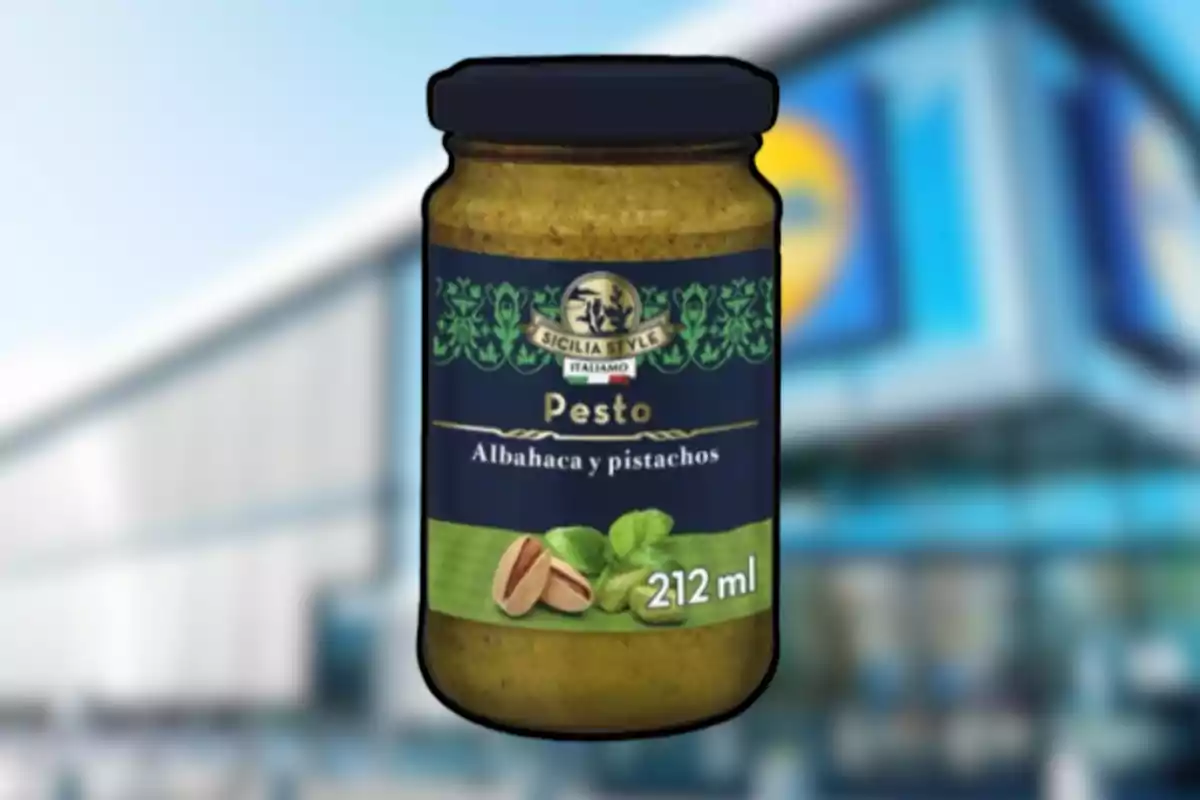 Frasco de pesto de albahaca y pistachos de 212 ml frente a una tienda difuminada Frasco de pesto de albahaca y pistachos de 212 ml frente a una tienda difuminada