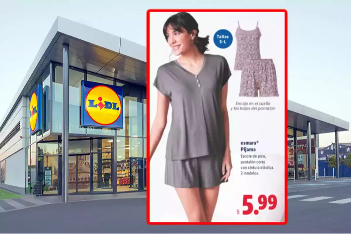 Fachada de una tienda Lidl con un anuncio de pijama esmará para mujer en primer plano con precio de 5.99 euros Fachada de una tienda Lidl con un anuncio de pijama esmará para mujer en primer plano con precio de 5.99 euros