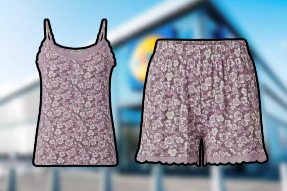 Conjunto de pijama de tirantes y shorts con estampado floral en tonos lilas y fondo desenfocado de una tienda Conjunto de pijama de tirantes y shorts con estampado floral en tonos lilas y fondo desenfocado de una tienda