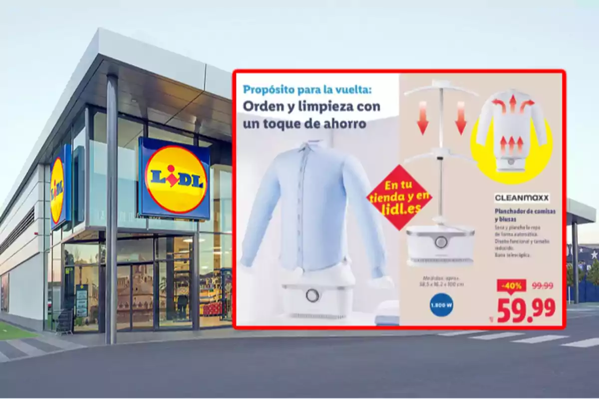 Fachada de una tienda Lidl con un cartel publicitario de un planchador de camisas y blusas automático en oferta por 59,99 euros Fachada de una tienda Lidl con un cartel publicitario de un planchador de camisas y blusas automático en oferta por 59,99 euros