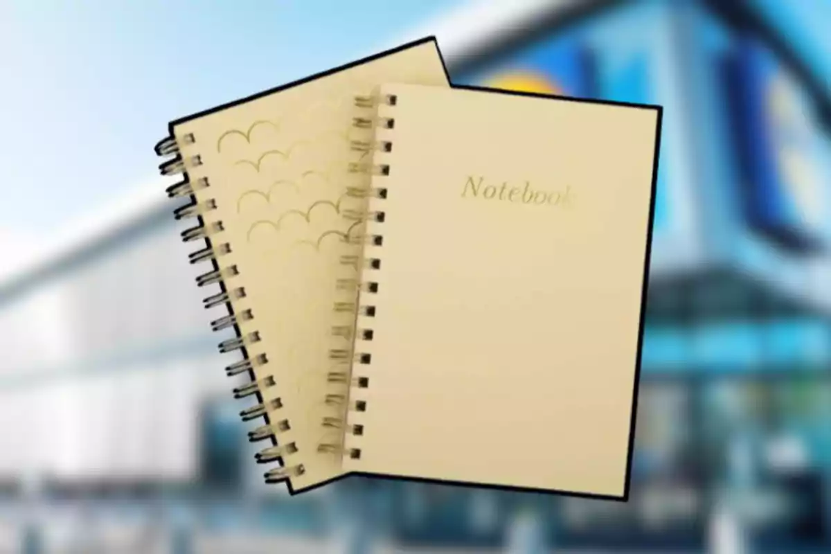 Dos cuadernos de espiral color beige con la palabra Notebook en la portada y un fondo desenfocado de edificio moderno Dos cuadernos de espiral color beige con la palabra Notebook en la portada y un fondo desenfocado de edificio moderno