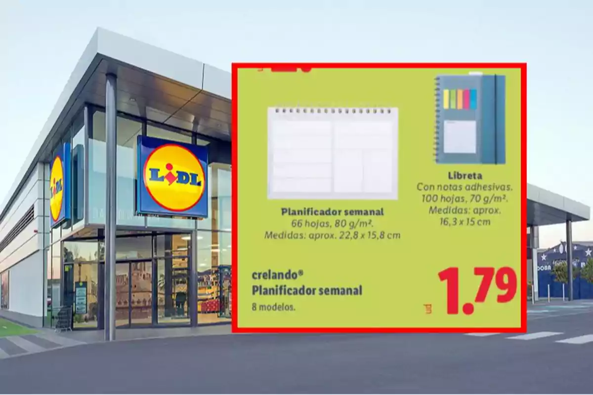 Fachada de una tienda Lidl con un cartel promocional de un planificador semanal y una libreta con notas adhesivas a un precio de 1.79 euros Fachada de una tienda Lidl con un cartel promocional de un planificador semanal y una libreta con notas adhesivas a un precio de 1.79 euros