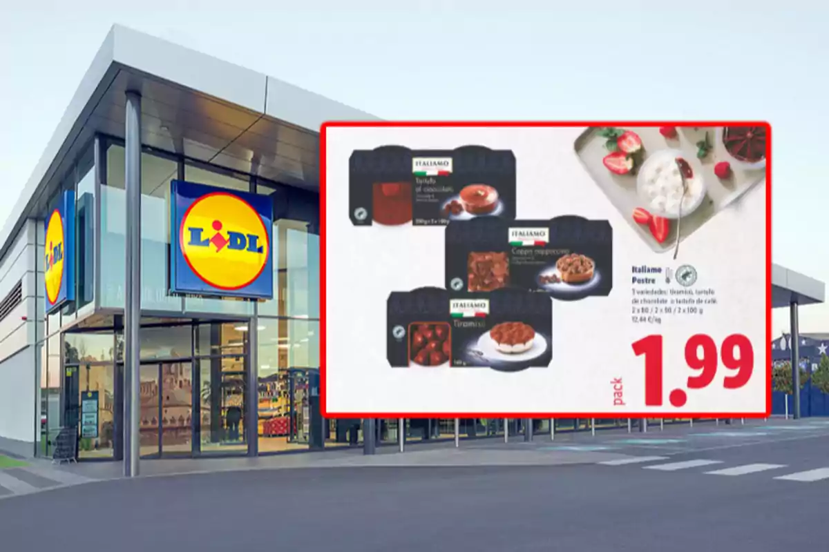Fachada de un supermercado Lidl con un cartel promocional de postres italianos de la marca Italiamo a un precio de 1,99 euros por pack Fachada de un supermercado Lidl con un cartel promocional de postres italianos de la marca Italiamo a un precio de 1,99 euros por pack