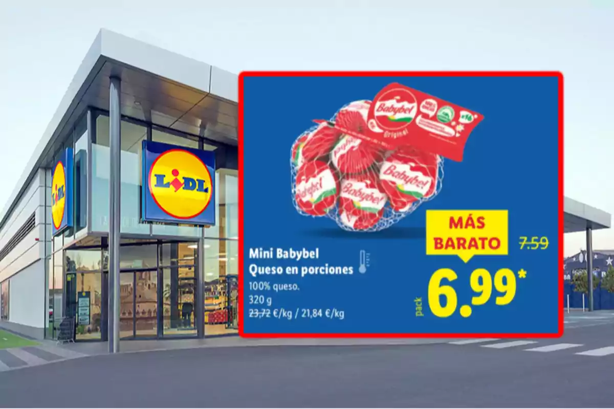 Fachada de supermercado Lidl con una promoción de queso Mini Babybel en porciones a 6.99 euros el pack destacada en un cartel azul y amarillo Fachada de supermercado Lidl con una promoción de queso Mini Babybel en porciones a 6.99 euros el pack destacada en un cartel azul y amarillo