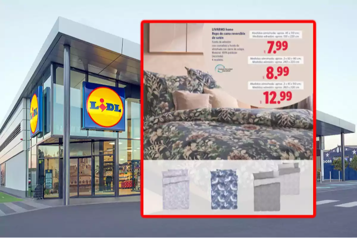Fachada de una tienda Lidl con un anuncio de ropa de cama reversible de satén en diferentes colores y precios destacados Fachada de una tienda Lidl con un anuncio de ropa de cama reversible de satén en diferentes colores y precios destacados