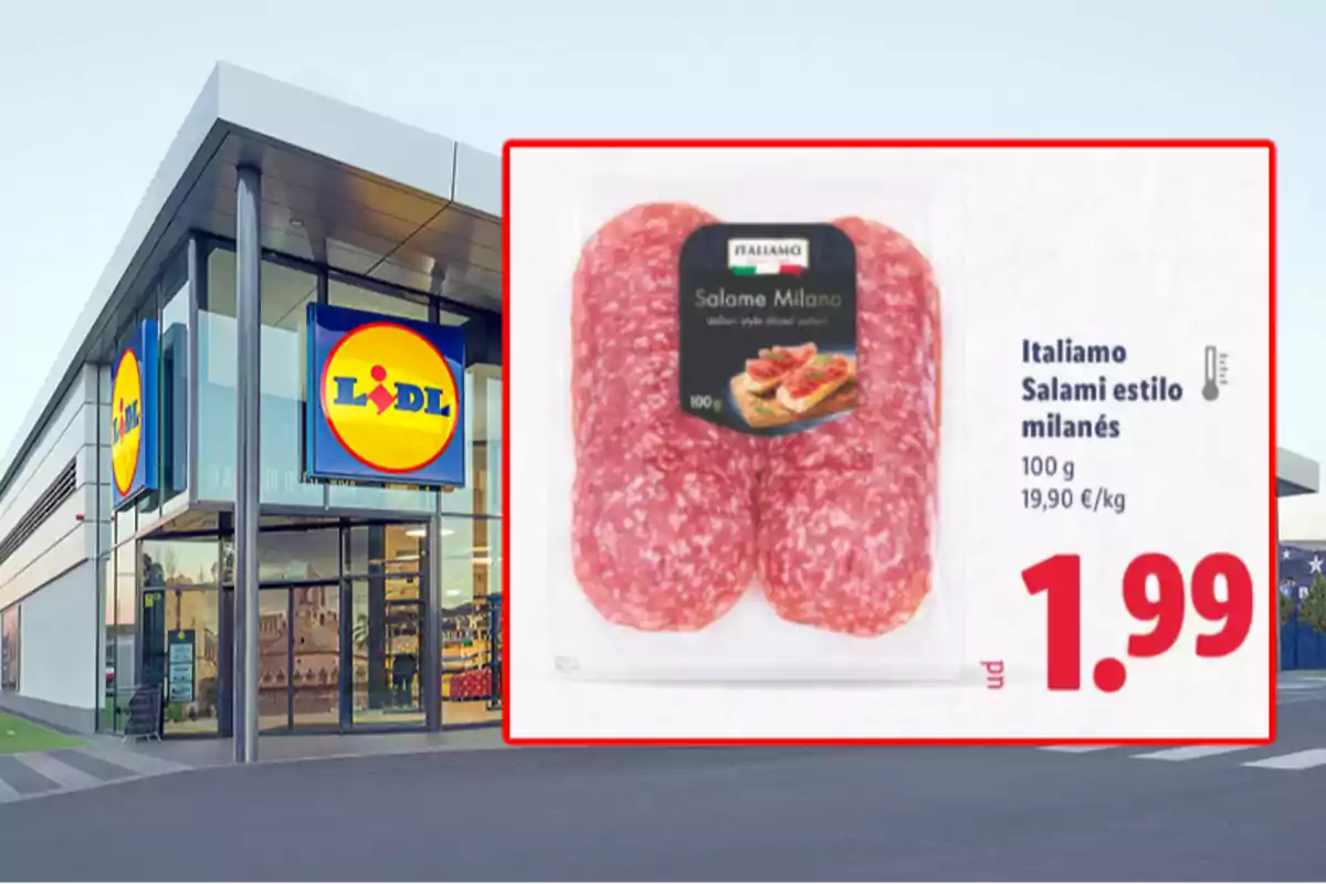 Fachada de supermercado Lidl con una promoción de salami estilo milanés de la marca Italiamo a 1,99 euros por 100 gramos Fachada de supermercado Lidl con una promoción de salami estilo milanés de la marca Italiamo a 1,99 euros por 100 gramos