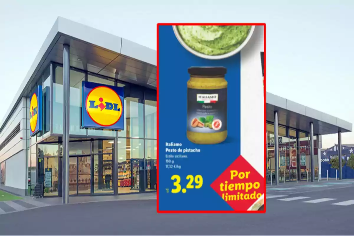 Fachada de supermercado Lidl con un anuncio de pesto de pistacho en oferta por tiempo limitado a 3.29 euros Fachada de supermercado Lidl con un anuncio de pesto de pistacho en oferta por tiempo limitado a 3.29 euros