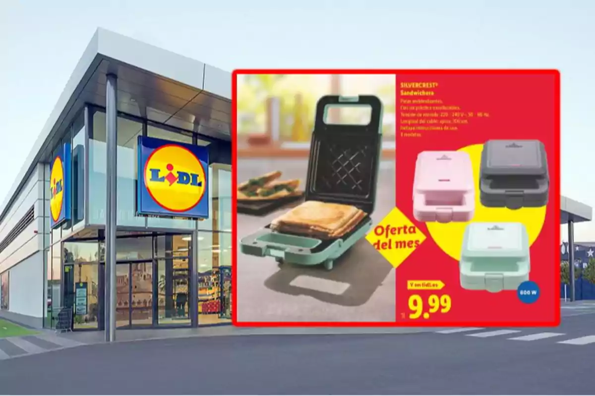 Fachada de una tienda Lidl con un anuncio de una sandwichera en oferta por 9,99 euros en diferentes colores Fachada de una tienda Lidl con un anuncio de una sandwichera en oferta por 9,99 euros en diferentes colores