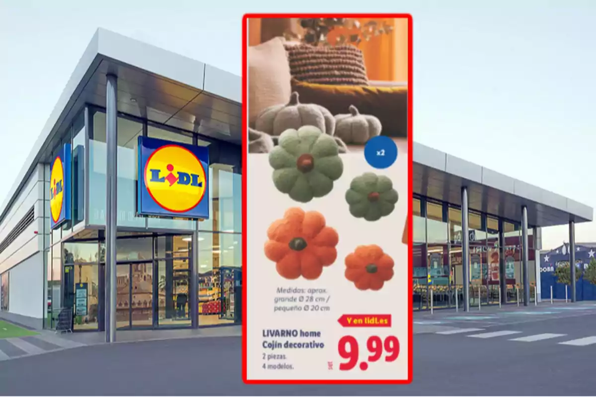 Tienda Lidl con un cartel promocional de cojines decorativos en forma de flor y calabaza por 9,99 euros Tienda Lidl con un cartel promocional de cojines decorativos en forma de flor y calabaza por 9,99 euros
