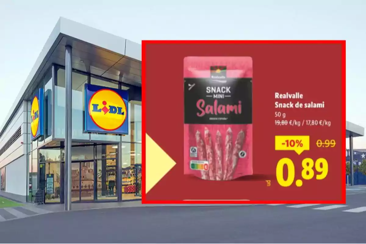 Fachada de supermercado Lidl con una promoción de snack de salami Realvalle a 0,89 euros destacada en un recuadro rojo Fachada de supermercado Lidl con una promoción de snack de salami Realvalle a 0,89 euros destacada en un recuadro rojo
