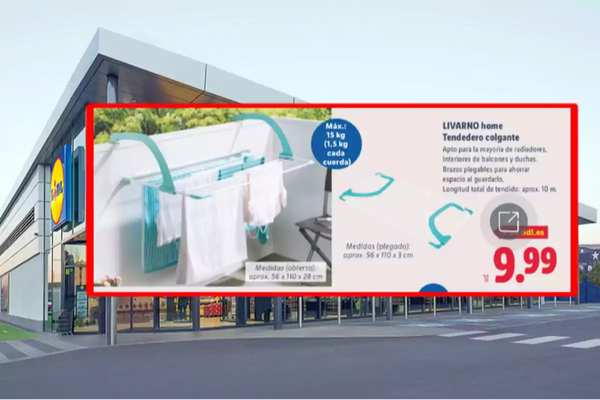 Tienda Lidl con un anuncio de un tendedero colgante Livarno home en oferta por 9,99 euros, mostrando el producto instalado en un balcón y sus características principales Tienda Lidl con un anuncio de un tendedero colgante Livarno home en oferta por 9,99 euros, mostrando el producto instalado en un balcón y sus características principales