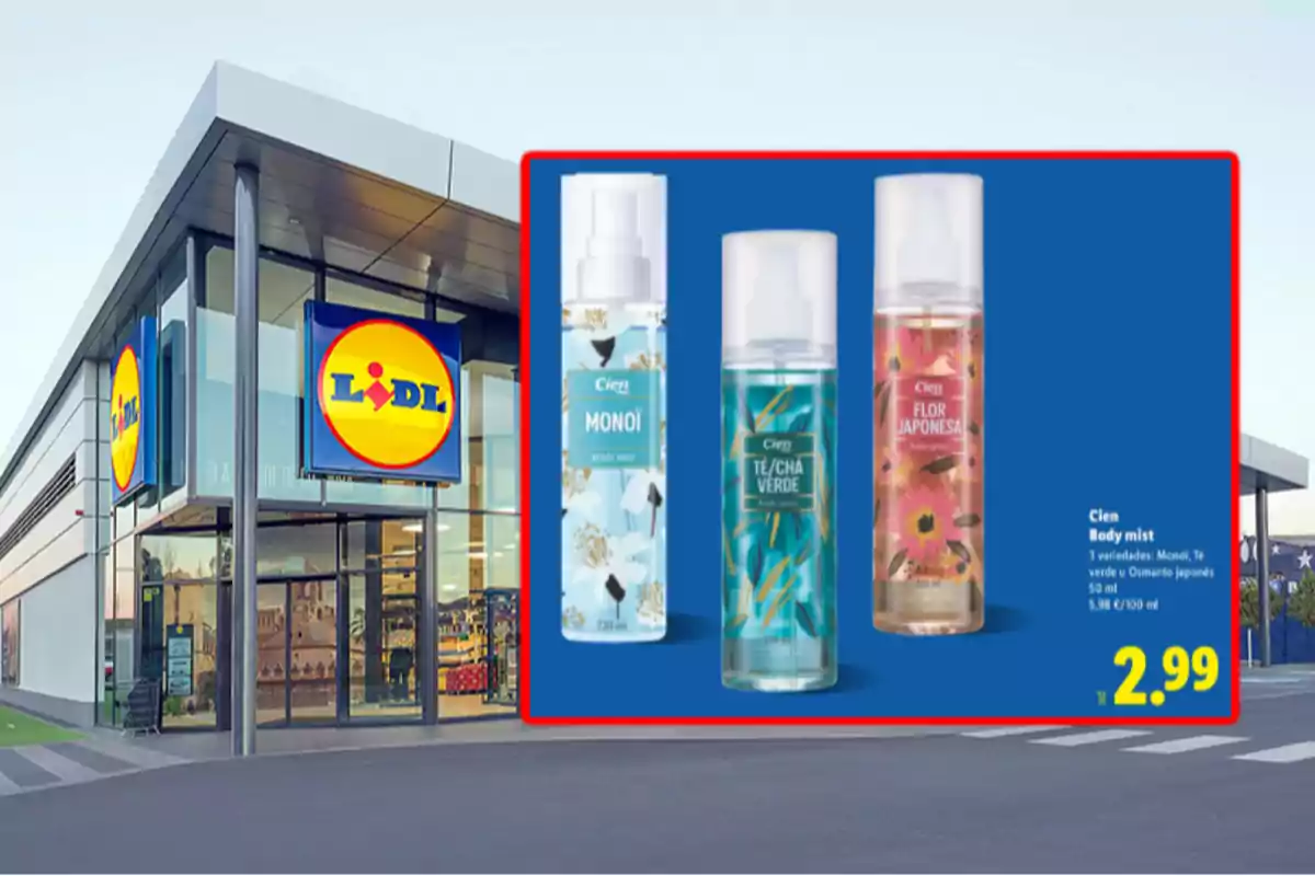Fachada de supermercado Lidl con un anuncio de tres body mist de la marca Cien en diferentes fragancias y el precio de 2,99 euros Fachada de supermercado Lidl con un anuncio de tres body mist de la marca Cien en diferentes fragancias y el precio de 2,99 euros