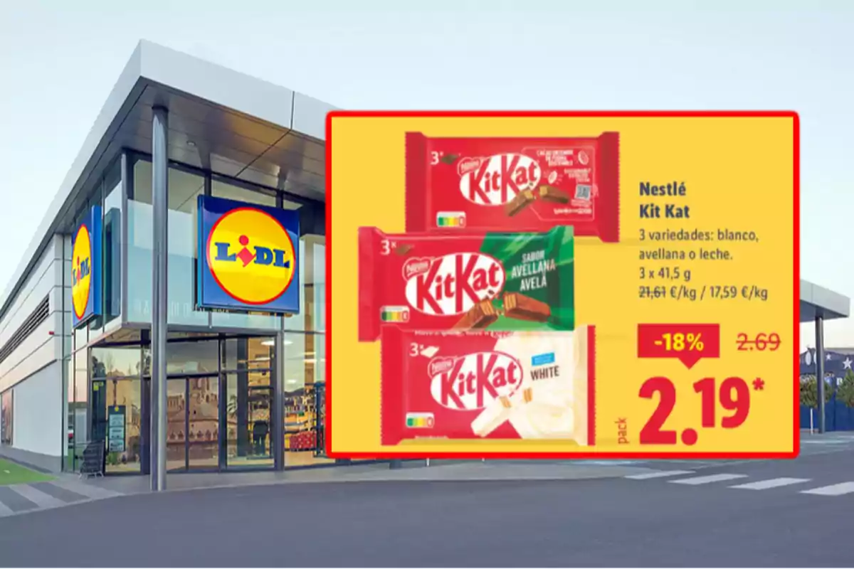 Fachada de una tienda Lidl con una promoción de Kit Kat en tres variedades a un precio rebajado de 2,19 euros Fachada de una tienda Lidl con una promoción de Kit Kat en tres variedades a un precio rebajado de 2,19 euros