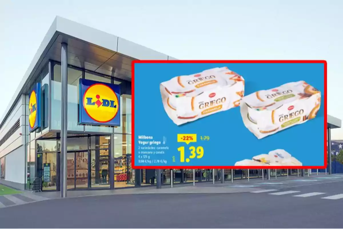 Fachada de un supermercado Lidl con una promoción destacada de yogur griego Milbona en dos variedades a precio rebajado Fachada de un supermercado Lidl con una promoción destacada de yogur griego Milbona en dos variedades a precio rebajado