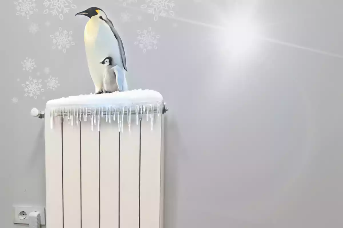 Dos pingüinos parados sobre un radiador cubierto de nieve y carámbanos en una habitación con copos de nieve decorativos en la pared