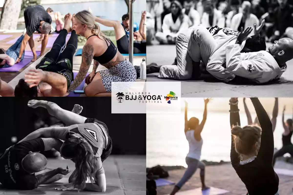 Personas practicando yoga y jiu-jitsu en diferentes escenarios al aire libre y en interiores durante un festival en Mallorca