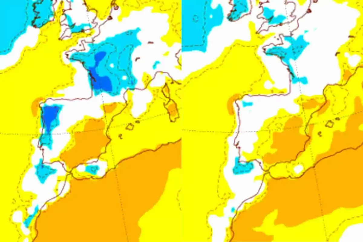 Mapa comparativo de Europa occidental y el norte de África con diferentes zonas coloreadas en azul, blanco, amarillo y naranja indicando variaciones climáticas o meteorológicas Mapa comparativo de Europa occidental y el norte de África con diferentes zonas coloreadas en azul, blanco, amarillo y naranja indicando variaciones climáticas o meteorológicas