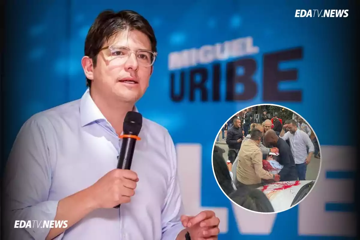 Hombre con gafas y micrófono hablando frente a un fondo azul con el nombre Miguel Uribe y un recuadro muestra a varias personas auxiliando a alguien herido en la calle
