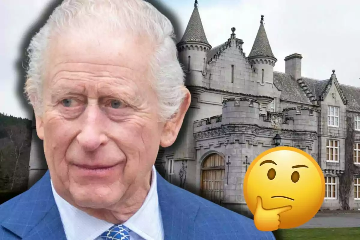 Carlos III con expresión seria frente a un castillo de piedra y un emoji de cara pensativa en primer plano