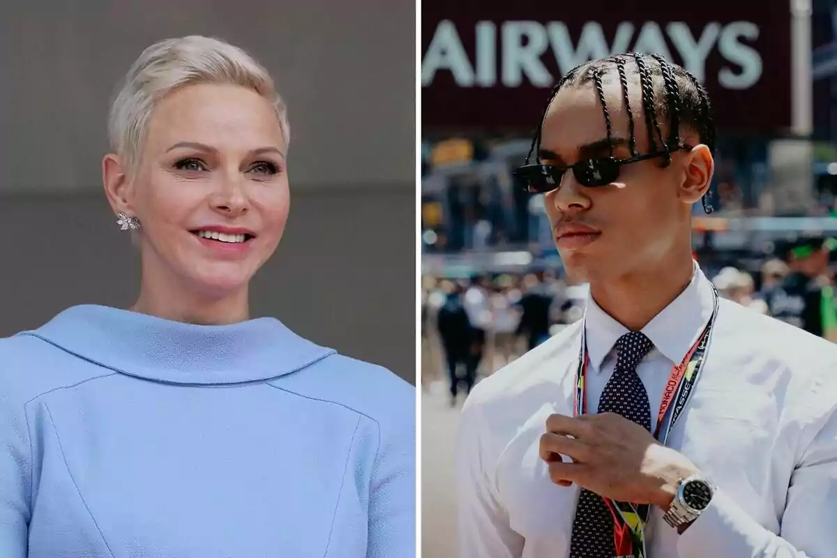 Charlene y Alexandre Grimaldi posan en diferentes entornos, una mujer de cabello corto y rubio con un vestido azul claro y un hombre con trenzas, gafas de sol y camisa blanca con corbata. Charlene y Alexandre Grimaldi posan en diferentes entornos, una mujer de cabello corto y rubio con un vestido azul claro y un hombre con trenzas, gafas de sol y camisa blanca con corbata.