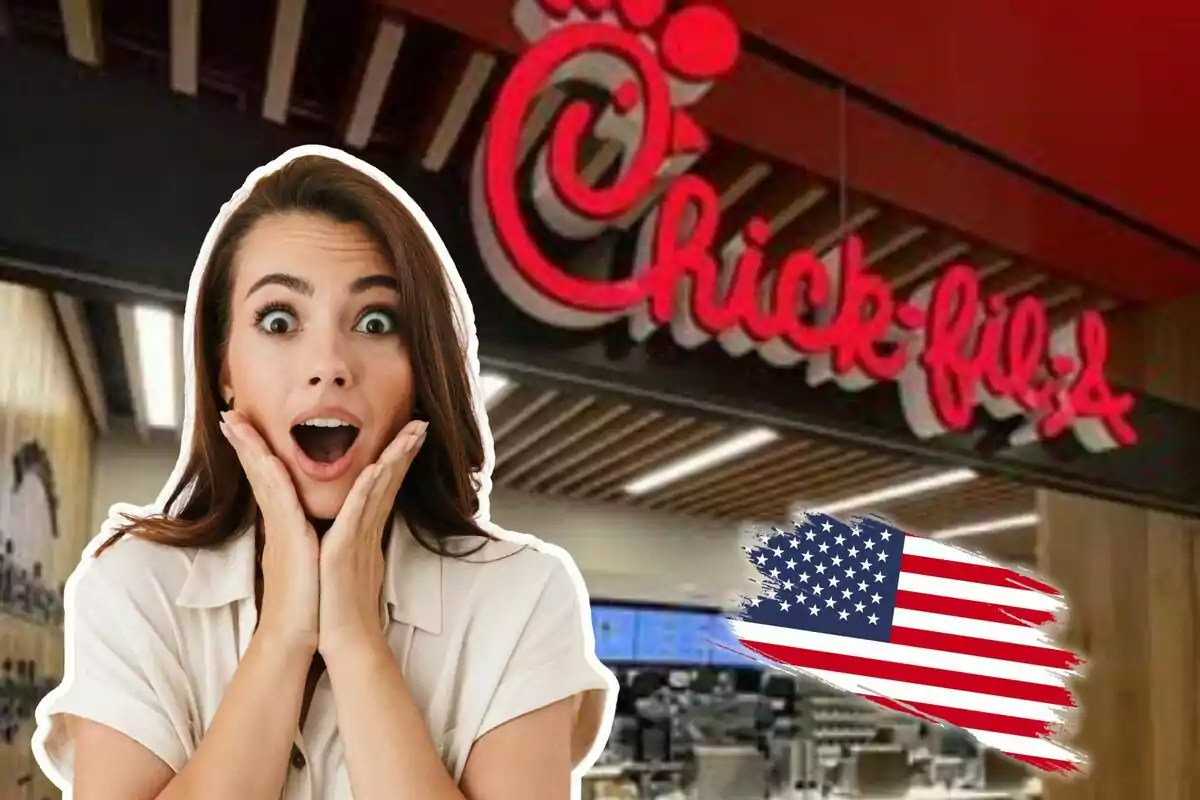 Mujer sorprendida frente a un restaurante Chick-fil-A con una bandera de Estados Unidos pintada en la esquina