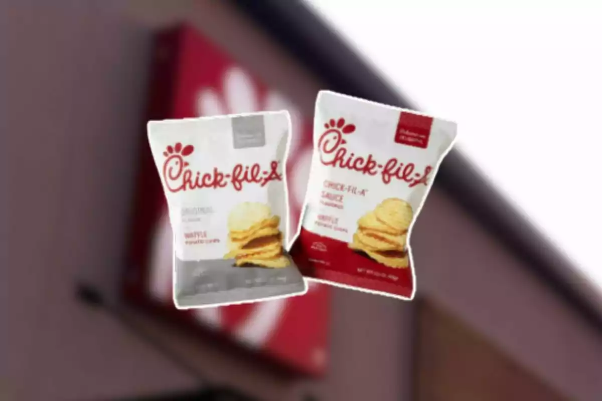 Two bags of Chick-fil-A original flavor potato chips and waffle sauce in front of a blurry restaurant sign Two bags of Chick-fil-A original flavor potato chips and waffle sauce in front of a blurry restaurant sign