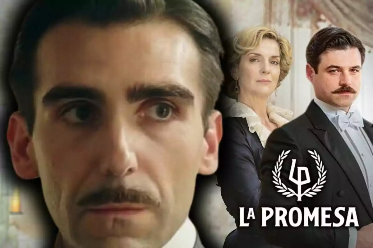 Primer plano de Guillermo Serrano con bigote y expresión seria, al fondo una mujer rubia y otro hombre con esmoquin junto al logo de la serie 'La Promesa'.