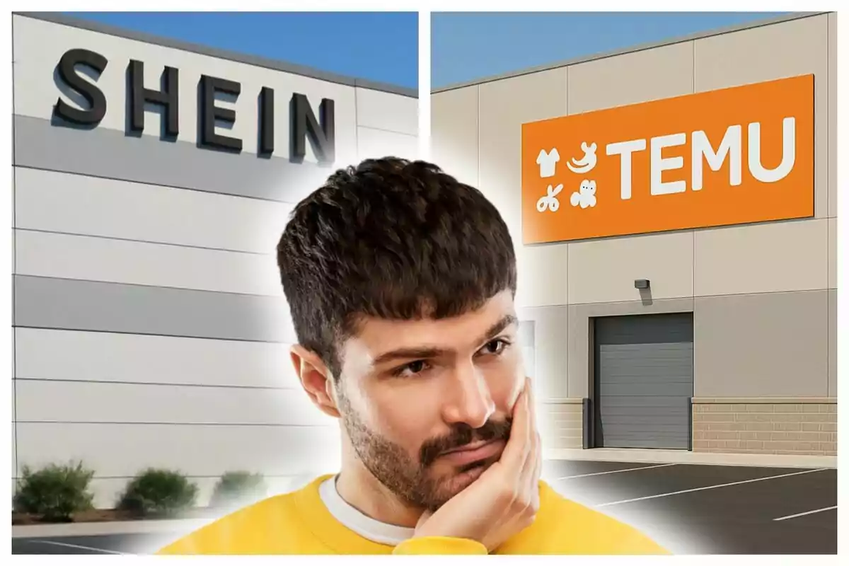 A thoughtful man appears in the foreground with two buildings in the background, one with a Shein sign and the other with a Temu sign.