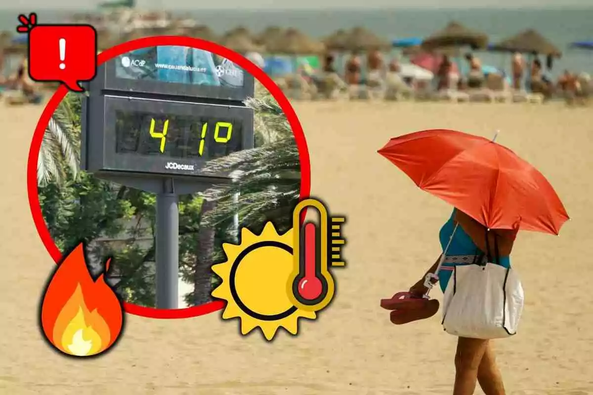 Una mujer camina por la playa con un paraguas rojo mientras un termómetro marca 41 grados y hay iconos de calor y advertencia
