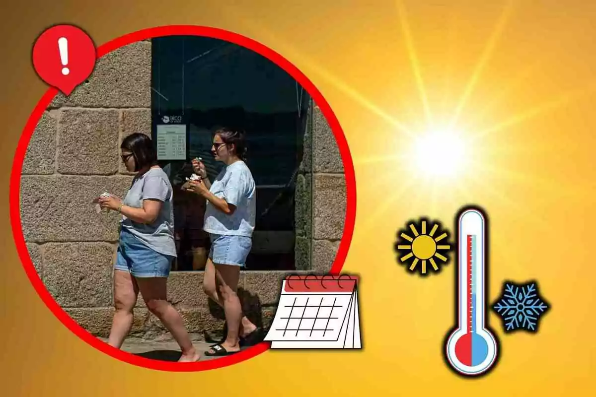 Dos mujeres caminan comiendo helado bajo el sol mientras un termómetro, un calendario y un símbolo de advertencia resaltan el calor extremo
