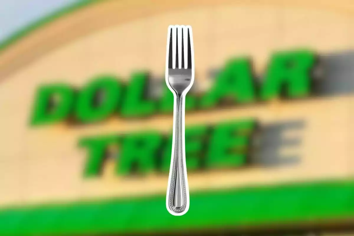 Silver fork in front of a blurry Dollar Tree sign Silver fork in front of a blurry Dollar Tree sign